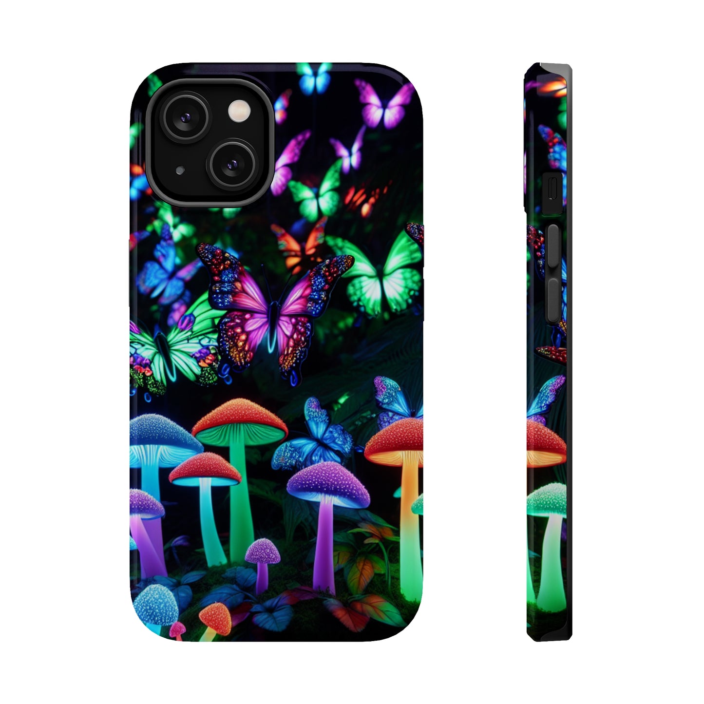 "Neon Burst Wonderland". Neon Butterflies and Mushrooms Premium Art Magsafe Magnet Tough IPhone 13 14 15 Pro Plus Max and Mini in Matte and Glossy Phone cases