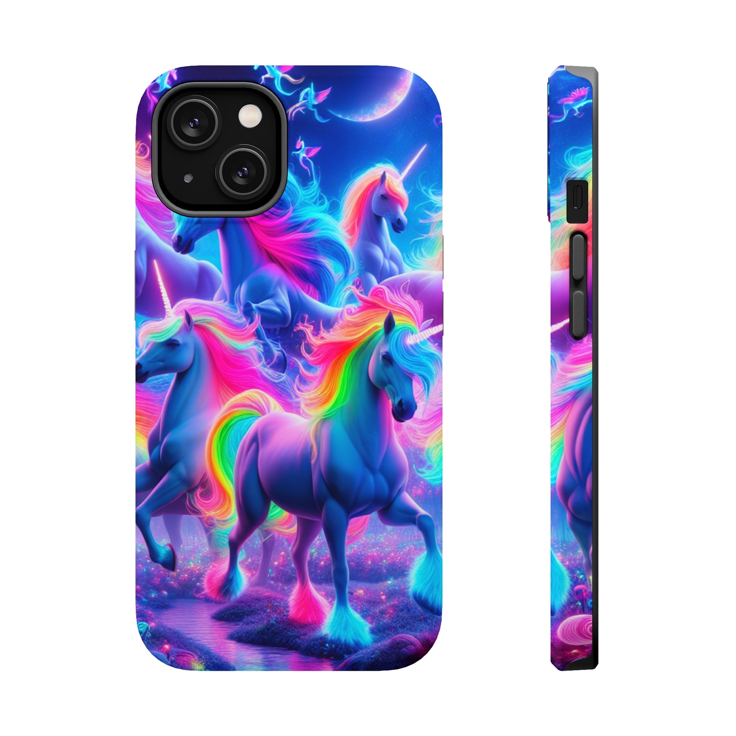 "Unicorn Prism" Neon Unicorns Premium Art Magsafe Magnet Tough IPhone 13 14 15 Pro Plus Max and Mini in Matte and Glossy Phone cases