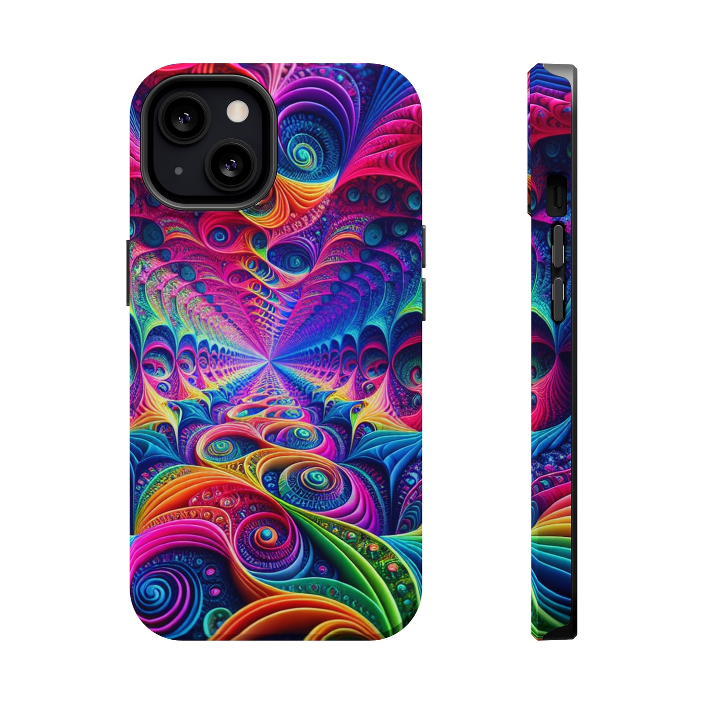 Cosmic Electric Rainbow Frenzy. Neon Trippy Infinity Patterns Premium Art Magsafe Magnet Tough IPhone 13 14 15 Pro Plus Max and Mini in Matte and Glossy Phone cases
