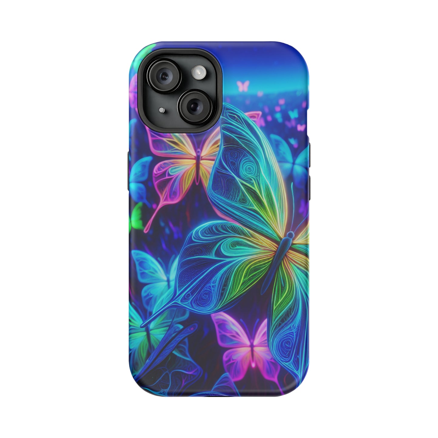 'Serene Spectacle of Neon Butterflies' Neon Butterflies Premium Art Magsafe Magnet Tough IPhone 13 14 15 Pro Plus Max and Mini in Matte and Glossy Phone cases