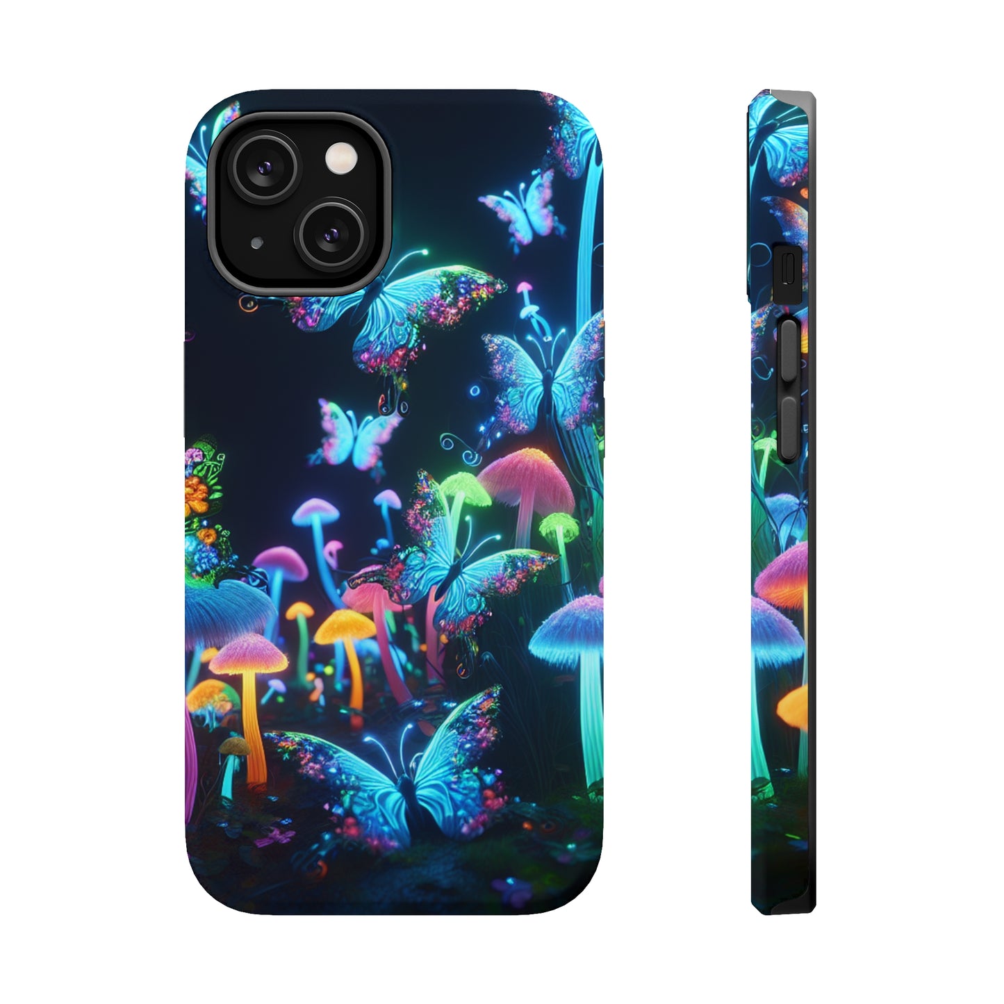 "Neon Dreamscape" Neon Butterflies and Mushrooms Premium Art Magsafe Magnet Tough IPhone 13 14 15 Pro Plus Max and Mini in Matte and Glossy Phone cases