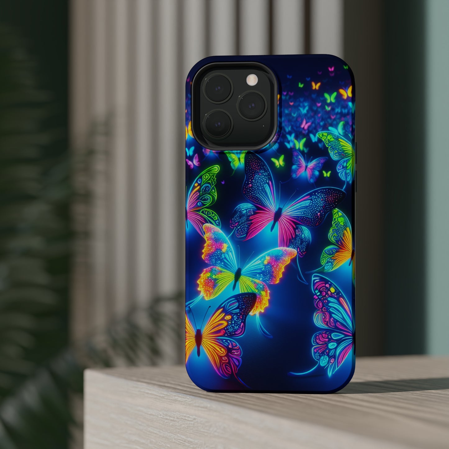 "Atmospheric Fluorescence" Neon Butterflies Premium Art Magsafe Magnet Tough IPhone 13 14 15 Pro Plus Max and Mini in Matte and Glossy Phone cases