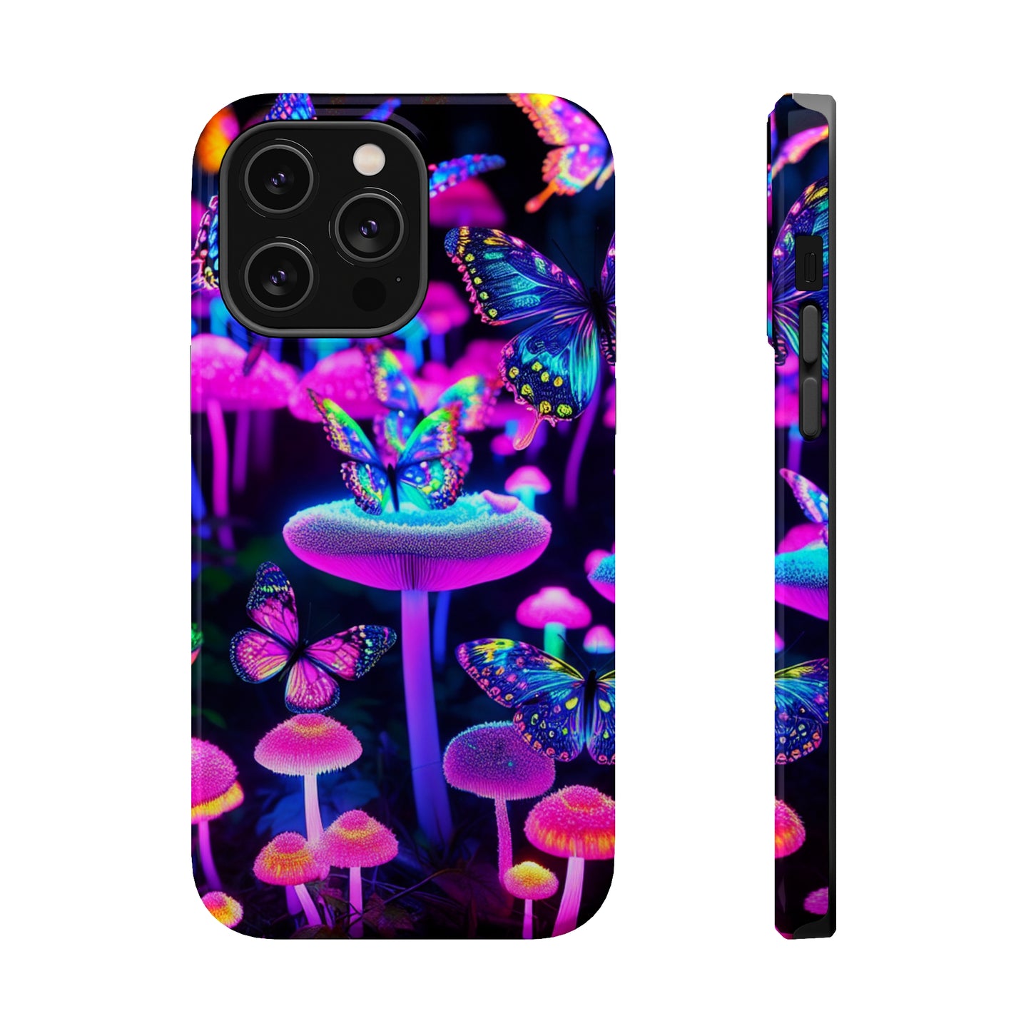 "Neon Gloomsprite Dance" Neon Butterflies and Mushrooms Premium Art Magsafe Magnet Tough IPhone 13 14 15 Pro Plus Max and Mini in Matte and Glossy Phone cases