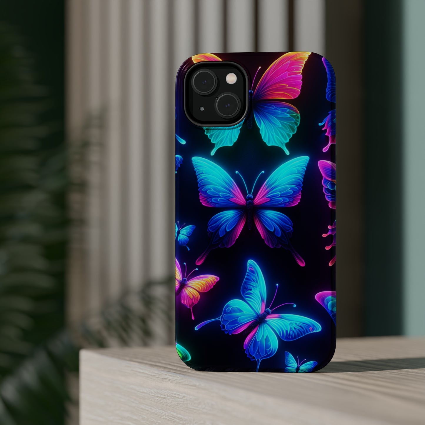 "Neon Flight Frenzy" Neon Butterflies Premium Art Magsafe Magnet Tough IPhone 13 14 15 Pro Plus Max and Mini in Matte and Glossy Phone cases