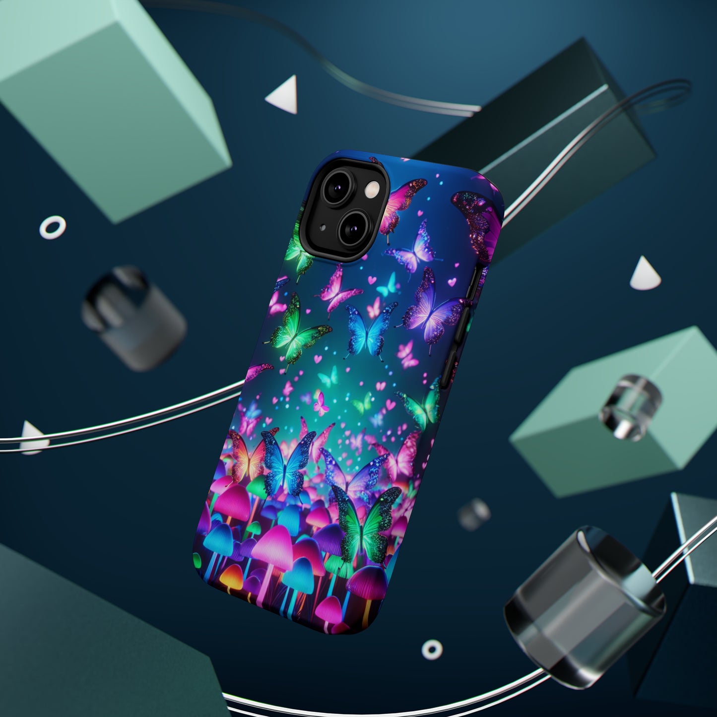 Neon Eden. Neon Butterflies and Mushrooms Premium Art Magsafe Magnet Tough IPhone 13 14 15 Pro Plus Max and Mini in Matte and Glossy Phone cases