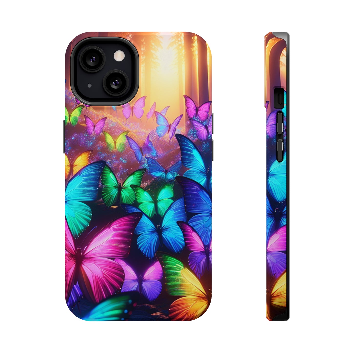 "Radiant Glowing Flight" Neon Butterflies Premium Art Magsafe Magnet Tough IPhone 13 14 15 Pro Plus Max and Mini in Matte and Glossy Phone cases