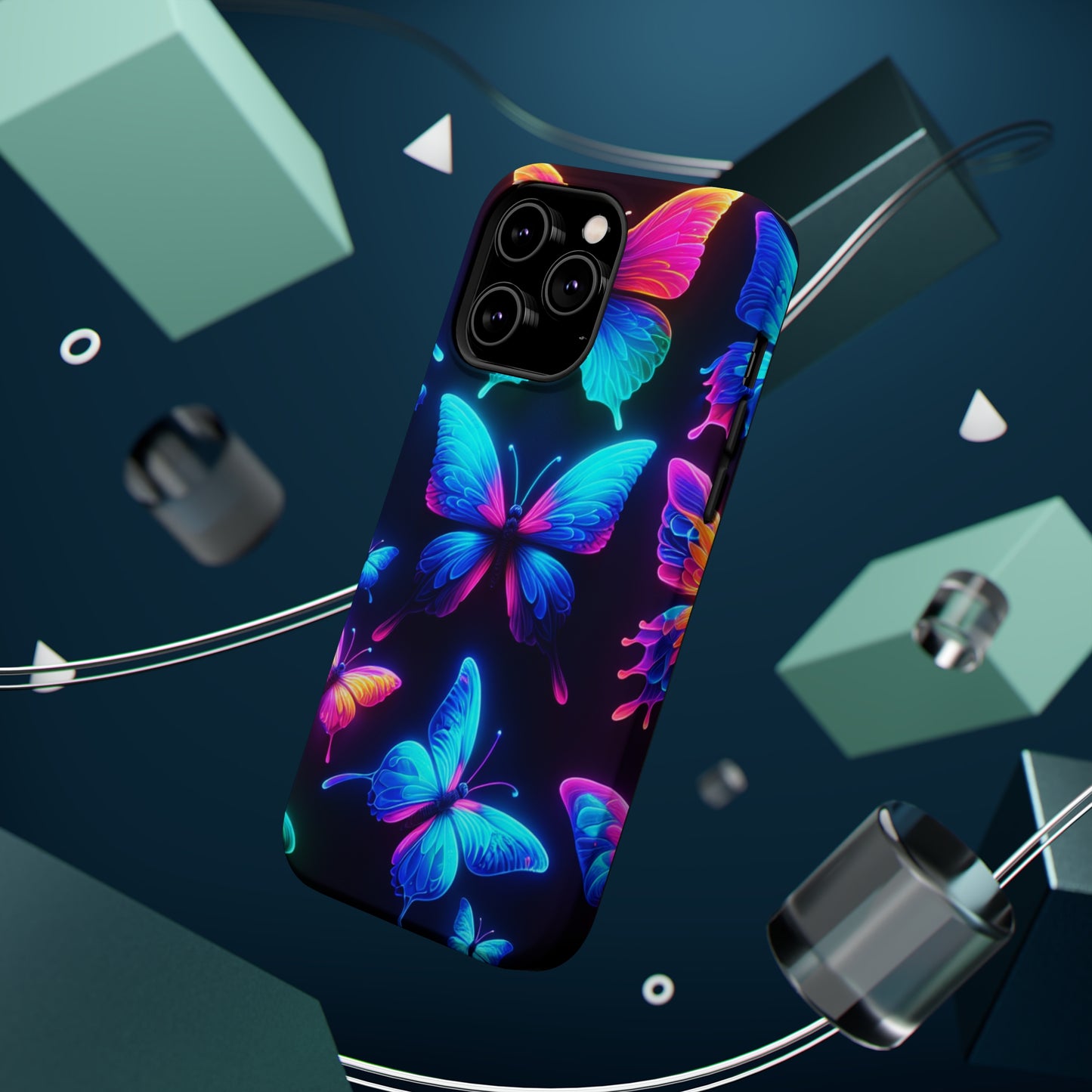 "Neon Flight Frenzy" Neon Butterflies Premium Art Magsafe Magnet Tough IPhone 13 14 15 Pro Plus Max and Mini in Matte and Glossy Phone cases
