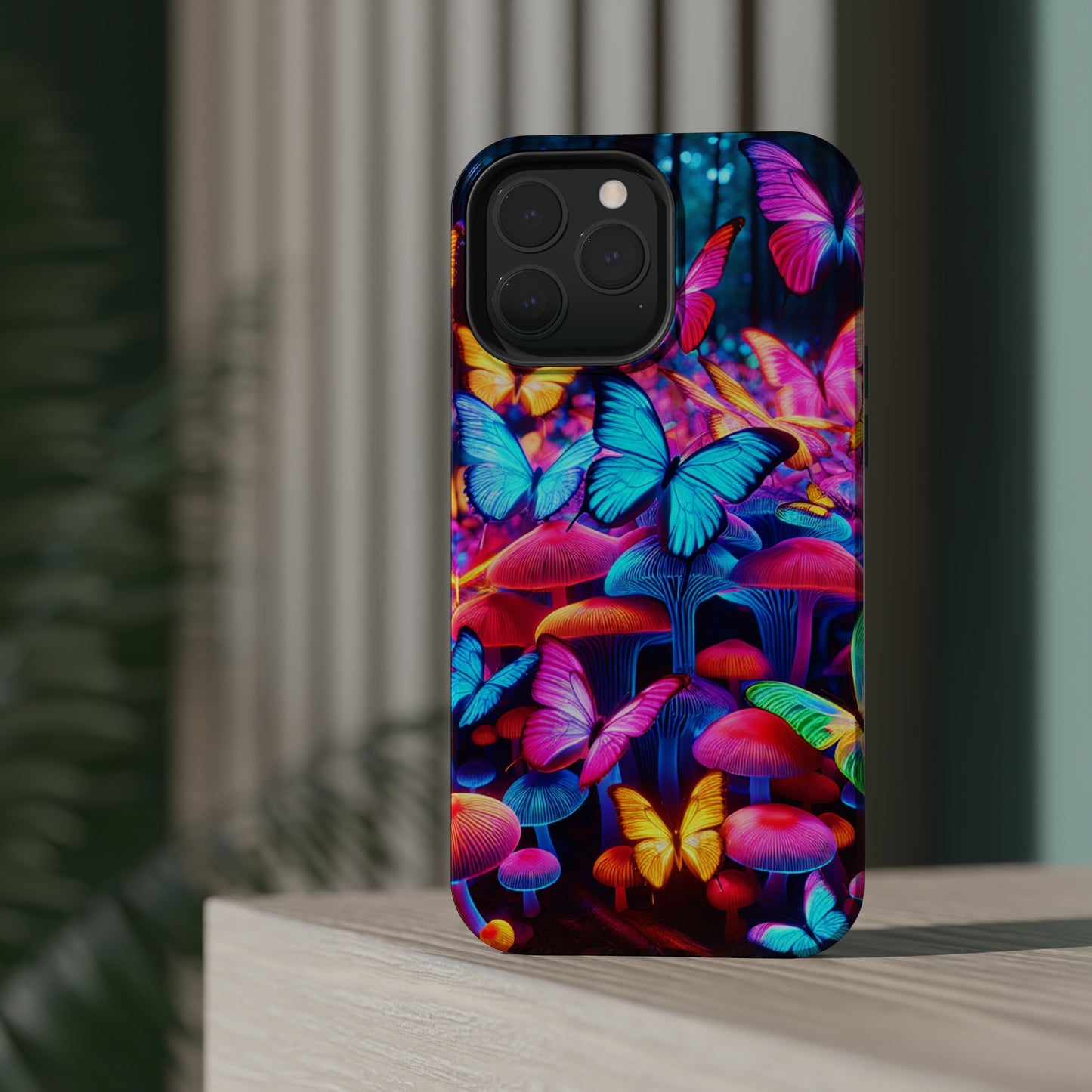 "Neon Tie-Dye Garden" Neon Butterflies and Mushrooms Premium Art Magsafe Magnet Tough IPhone 13 14 15 Pro Plus Max and Mini in Matte and Glossy Phone cases