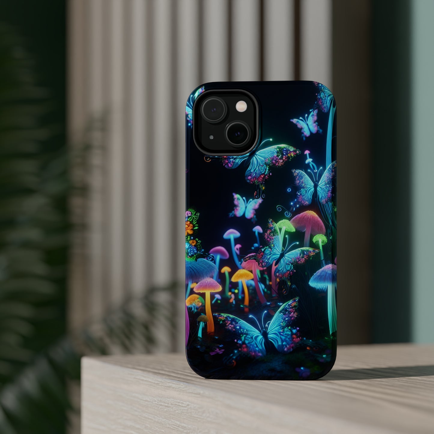"Neon Dreamscape" Neon Butterflies and Mushrooms Premium Art Magsafe Magnet Tough IPhone 13 14 15 Pro Plus Max and Mini in Matte and Glossy Phone cases