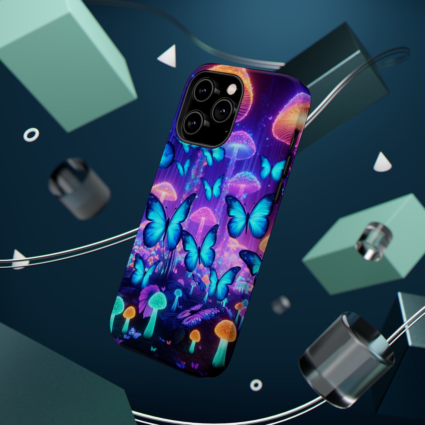 Neon Delight Landscape Neon Butterflies and Mushrooms Premium Art Magsafe Magnet Tough IPhone 13 14 15 Pro Plus Max and Mini in Matte and Glossy Phone cases