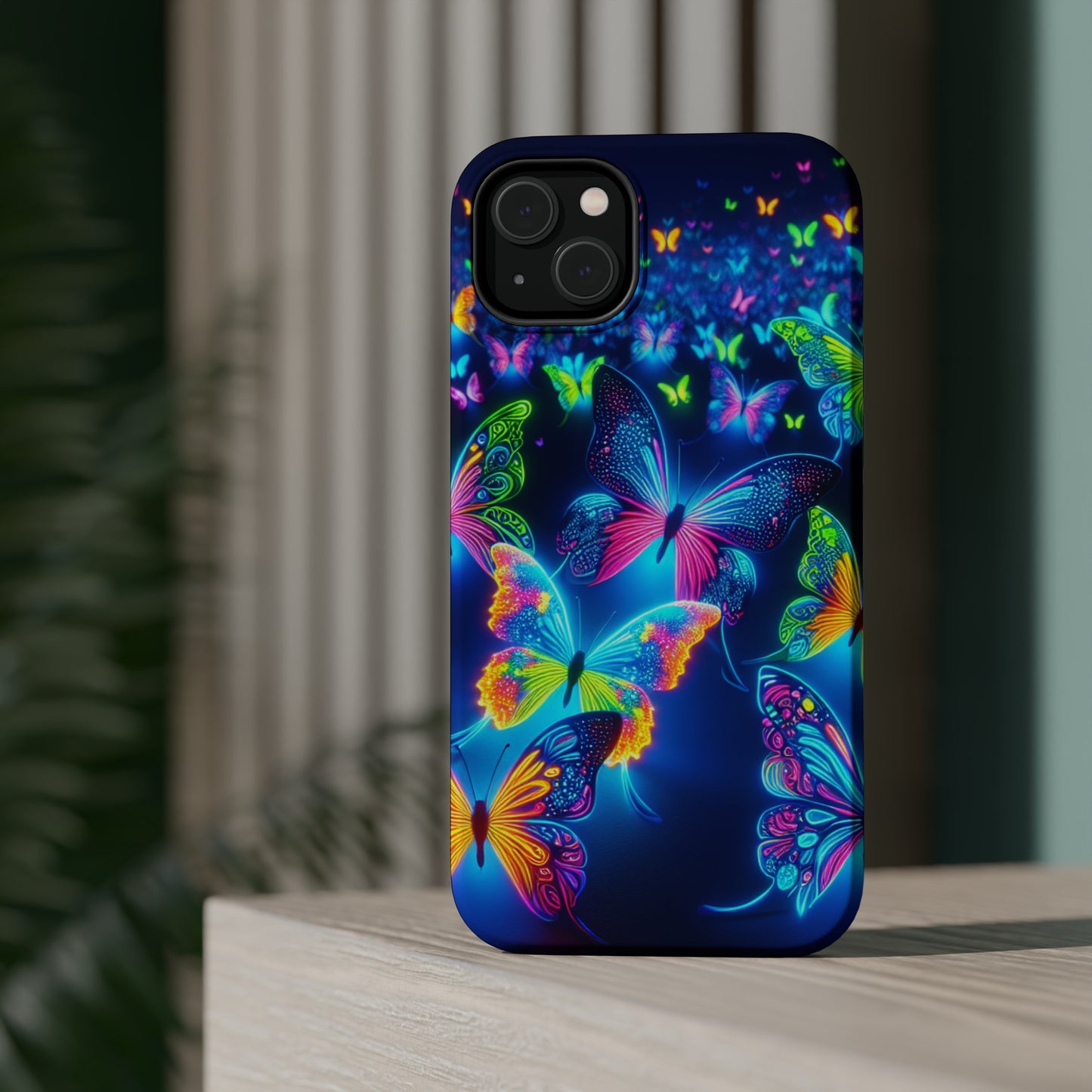 "Atmospheric Fluorescence" Neon Butterflies Premium Art Magsafe Magnet Tough IPhone 13 14 15 Pro Plus Max and Mini in Matte and Glossy Phone cases