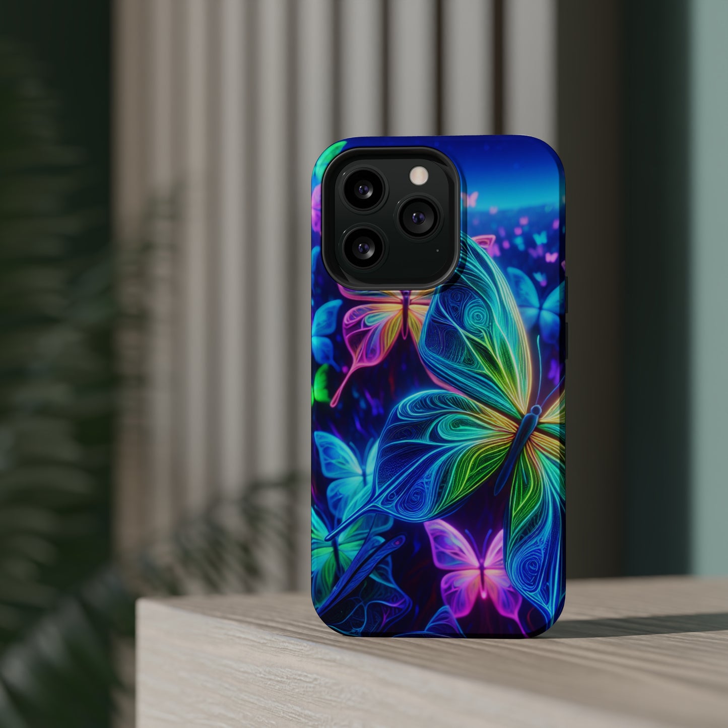 'Serene Spectacle of Neon Butterflies' Neon Butterflies Premium Art Magsafe Magnet Tough IPhone 13 14 15 Pro Plus Max and Mini in Matte and Glossy Phone cases