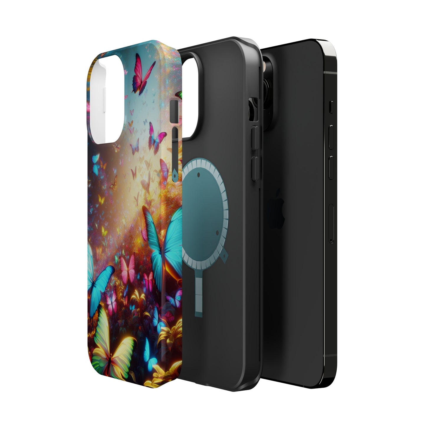 "Neon Butterfly Blooms" Neon Butterflies Premium Art Magsafe Magnet Tough IPhone 13 14 15 Pro Plus Max and Mini in Matte and Glossy Phone cases