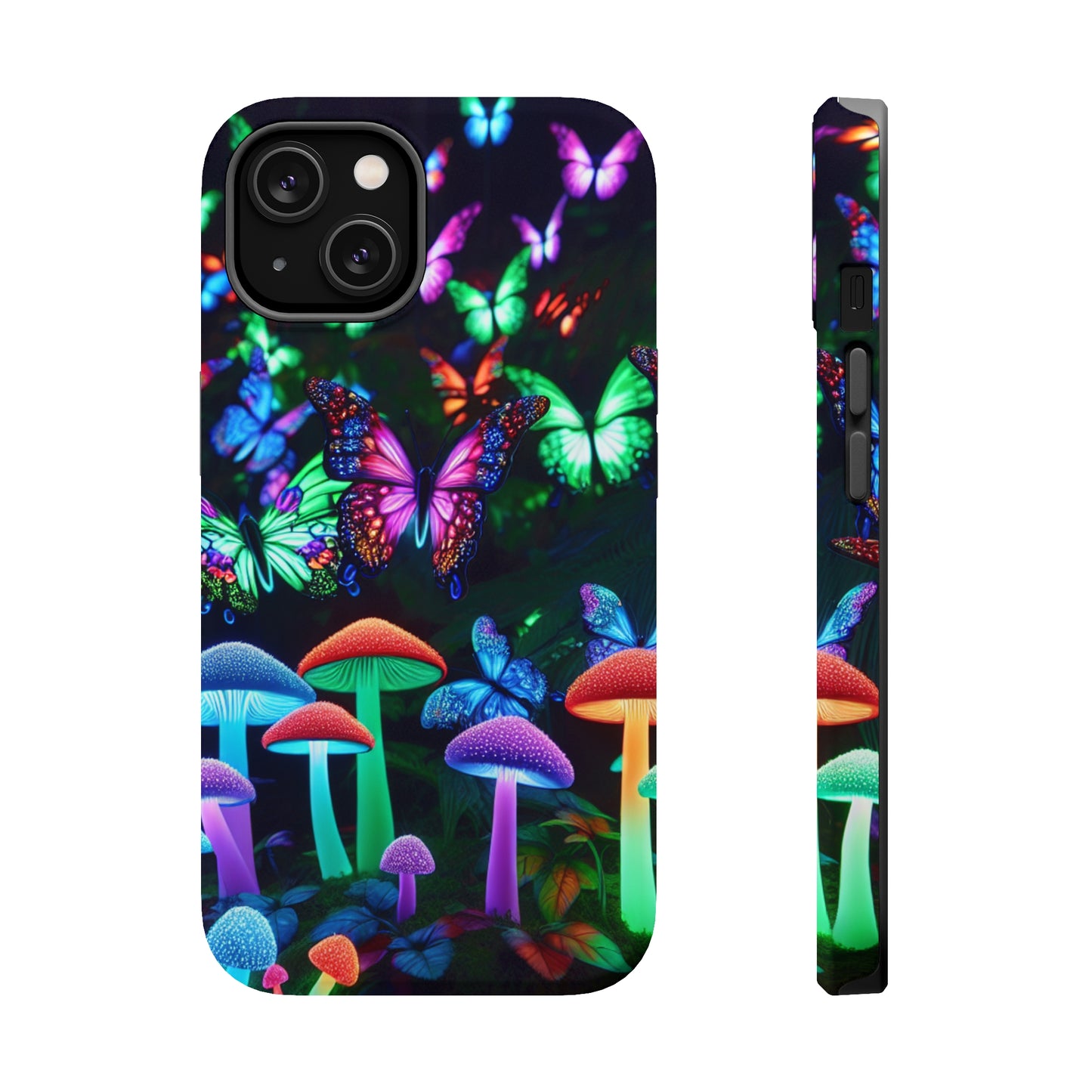 "Neon Burst Wonderland". Neon Butterflies and Mushrooms Premium Art Magsafe Magnet Tough IPhone 13 14 15 Pro Plus Max and Mini in Matte and Glossy Phone cases