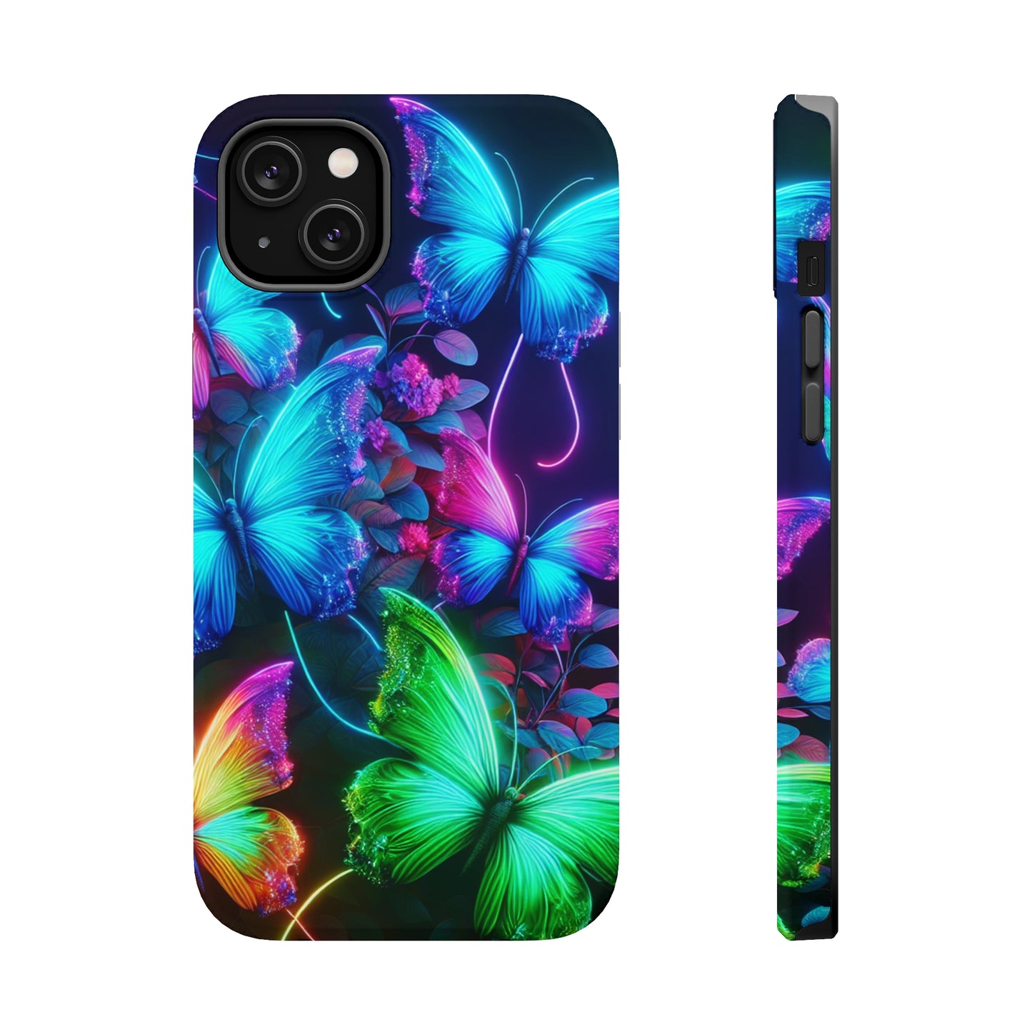 Neon Flutter Symphony Neon Butterflies Premium Art Magsafe Magnet Tough IPhone 13 14 15 Pro Plus Max and Mini in Matte and Glossy Phone cases