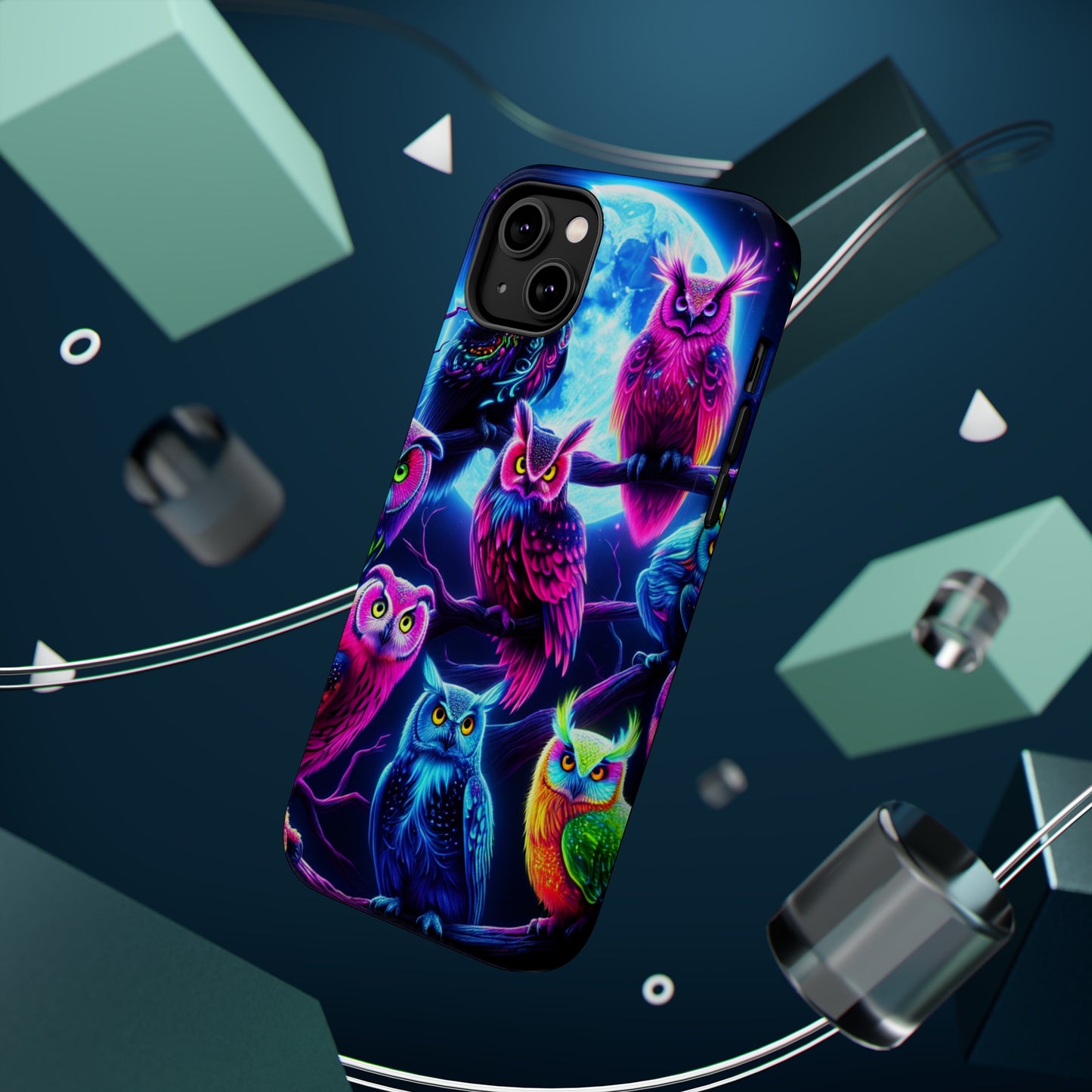 "Neon Splash of Owls" Neon Owls Premium Art Magsafe Magnet Tough IPhone 13 14 15 Pro Plus Max and Mini in Matte and Glossy Phone cases