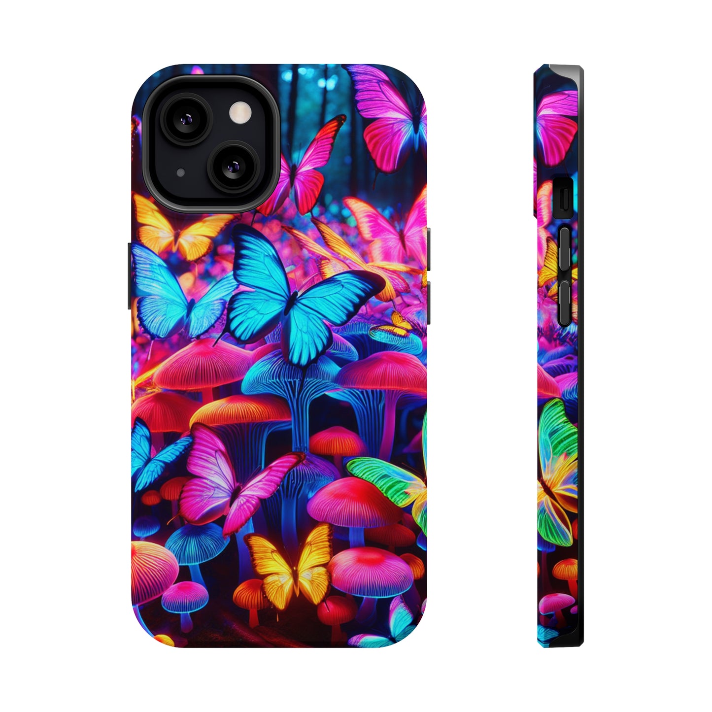 "Neon Tie-Dye Garden" Neon Butterflies and Mushrooms Premium Art Magsafe Magnet Tough IPhone 13 14 15 Pro Plus Max and Mini in Matte and Glossy Phone cases