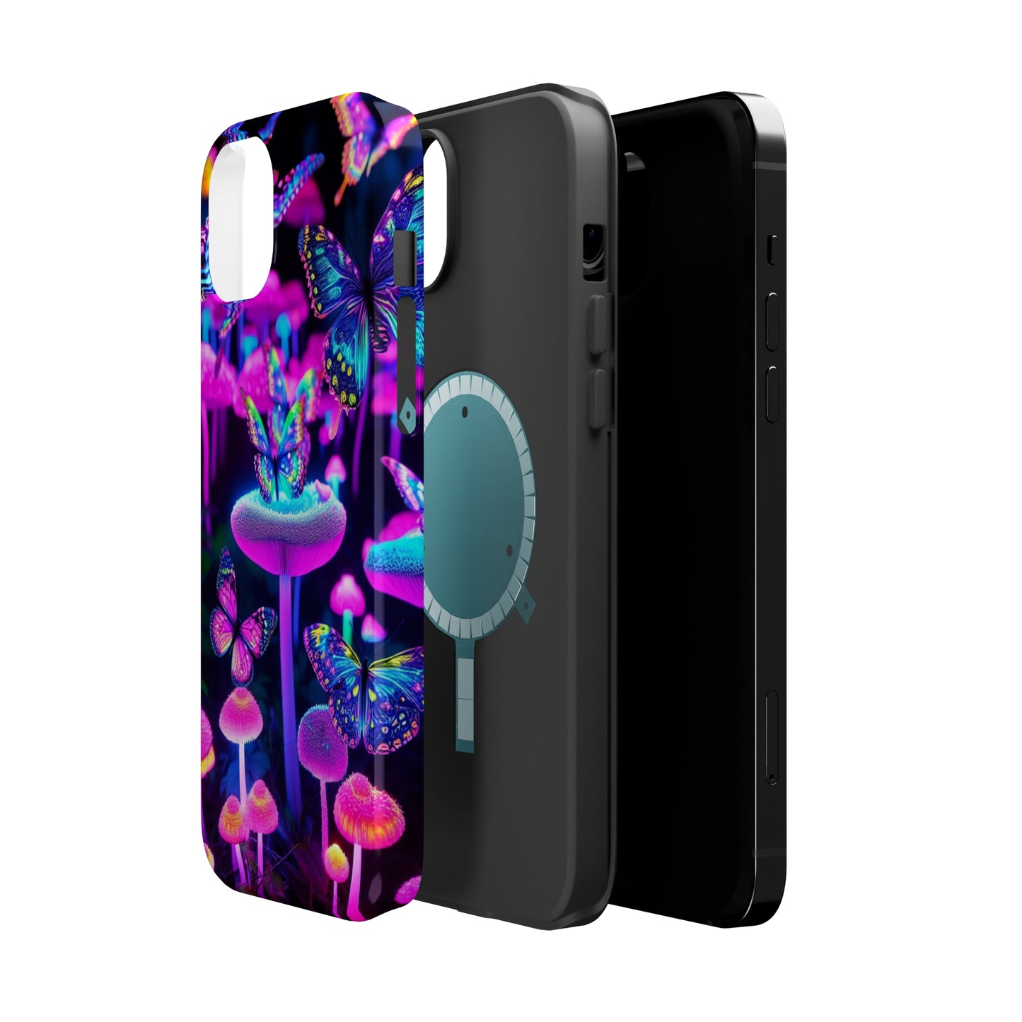 "Neon Gloomsprite Dance" Neon Butterflies and Mushrooms Premium Art Magsafe Magnet Tough IPhone 13 14 15 Pro Plus Max and Mini in Matte and Glossy Phone cases