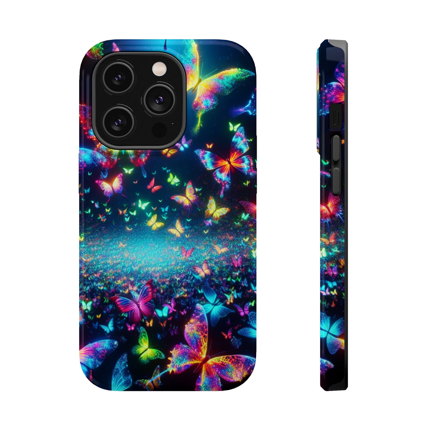 'Neon Butterfly Bliss' Neon Butterflies Premium Art Magsafe Magnet Tough IPhone 13 14 15 Pro Plus Max and Mini in Matte and Glossy Phone cases