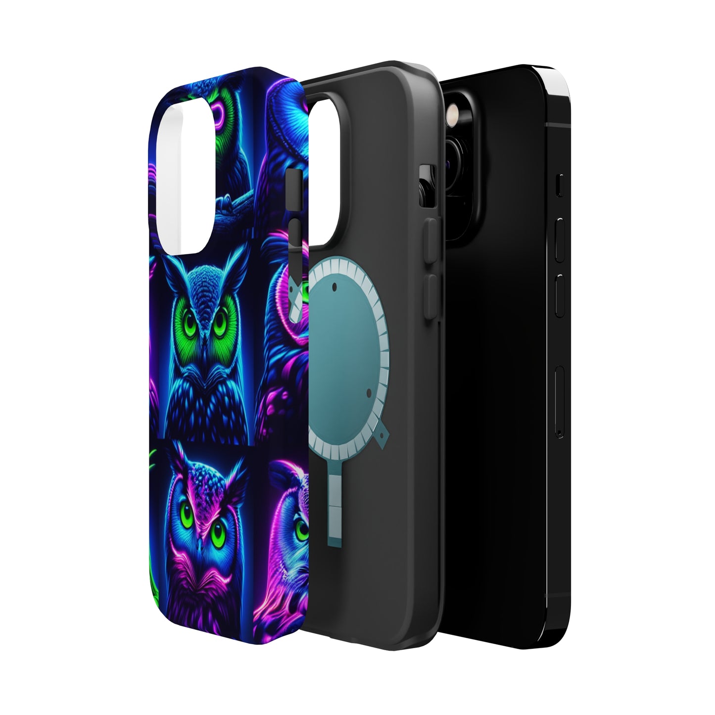 "Neon Nocturne" Neon Owls Premium Art Magsafe Magnet Tough IPhone 13 14 15 Pro Plus Max and Mini in Matte and Glossy Phone cases
