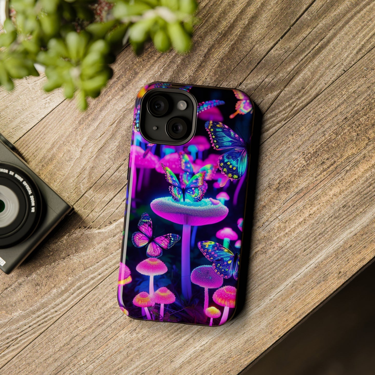 "Neon Gloomsprite Dance" Neon Butterflies and Mushrooms Premium Art Magsafe Magnet Tough IPhone 13 14 15 Pro Plus Max and Mini in Matte and Glossy Phone cases