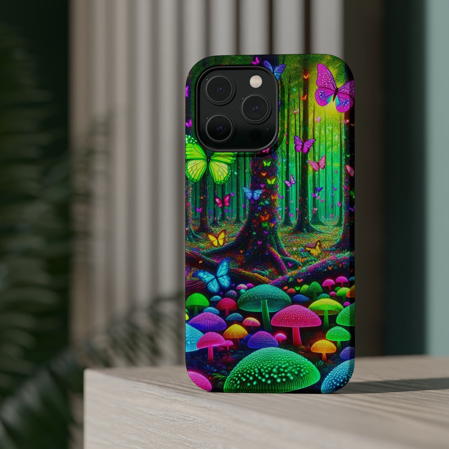 "Neon Garden Symphony". Neon Butterflies and Mushrooms Premium Art Magsafe Magnet Tough IPhone 13 14 15 Pro Plus Max and Mini in Matte and Glossy Phone cases