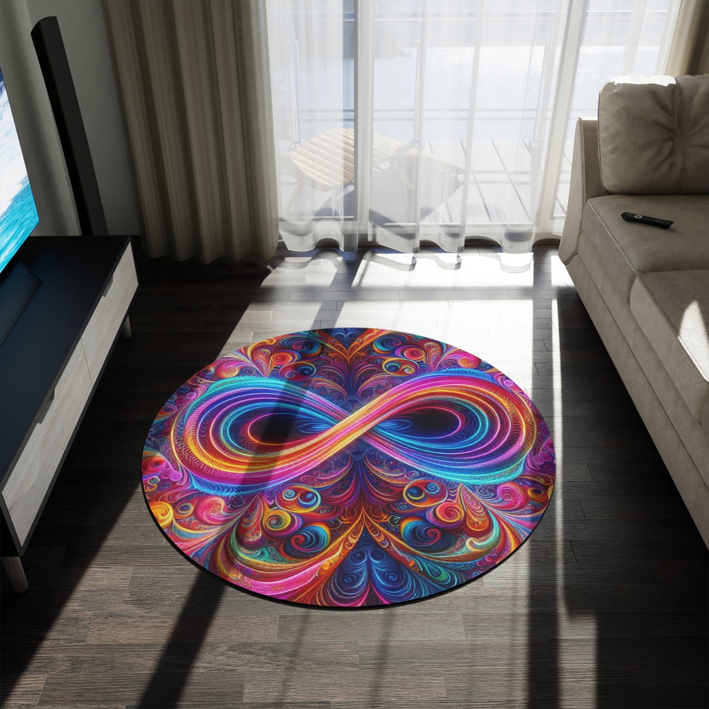 Cosmic Prismatic Radiance. Infinity Patterns Round Rug