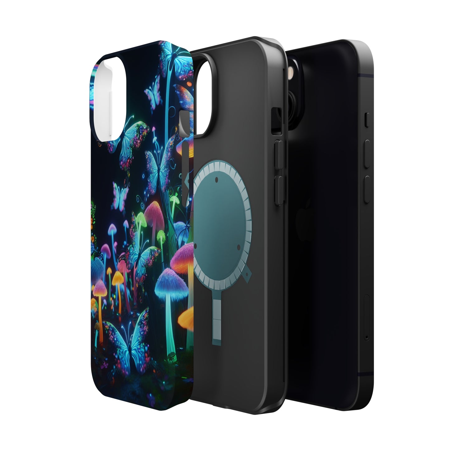 "Neon Dreamscape" Neon Butterflies and Mushrooms Premium Art Magsafe Magnet Tough IPhone 13 14 15 Pro Plus Max and Mini in Matte and Glossy Phone cases