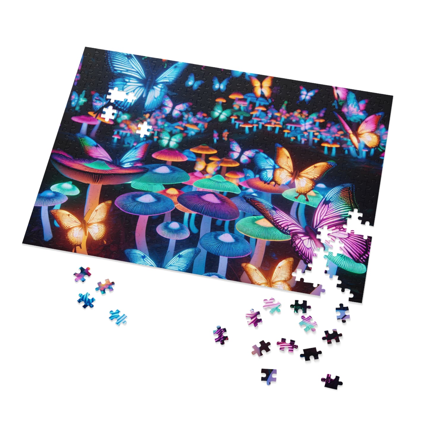 Neon Butterflies Blooms - Neon Butterflies and Mushrooms Puzzle 30, 110, 252, and 1000 Pieces