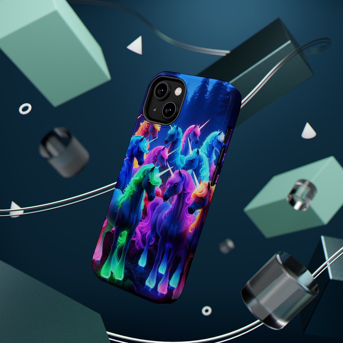 "Neon Fantasyland" Neon Unicorns Premium Art Magsafe Magnet Tough IPhone 13 14 15 Pro Plus Max and Mini in Matte and Glossy Phone cases