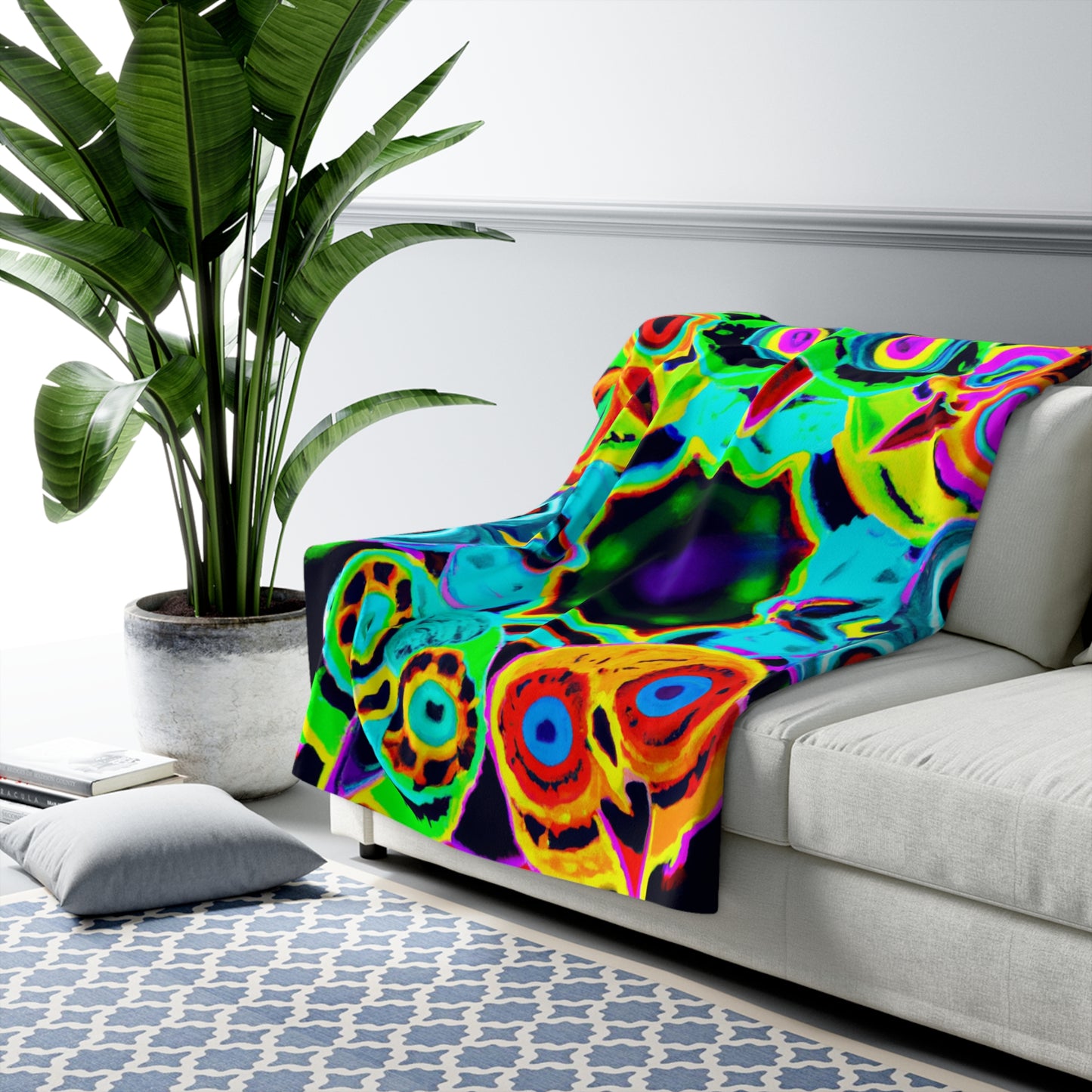 "Neon Night Owls" - NEON Owls Art Sherpa Blanket