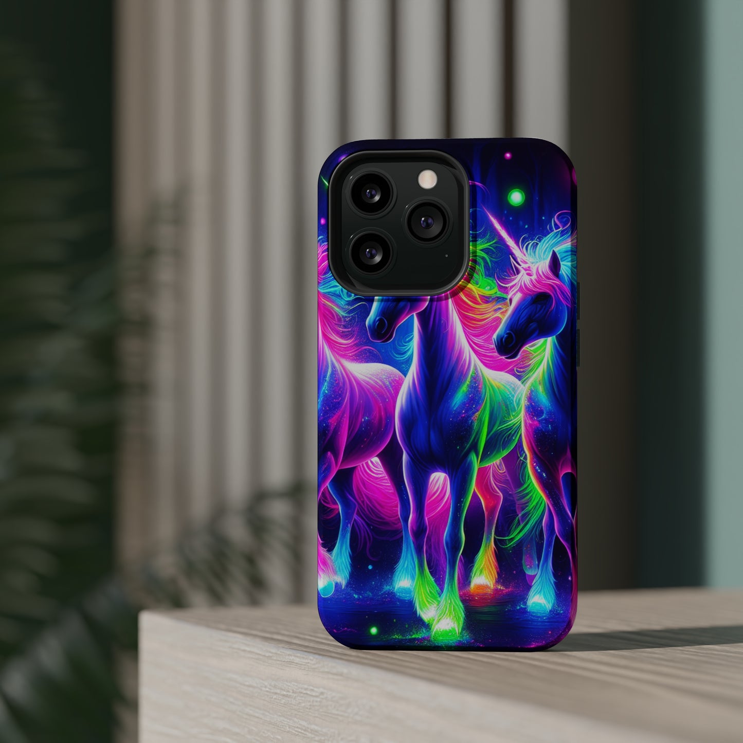 "Uni-Neon Fantasy" Neon Unicorns Premium Art Magsafe Magnet Tough IPhone 13 14 15 Pro Plus Max and Mini in Matte and Glossy Phone cases