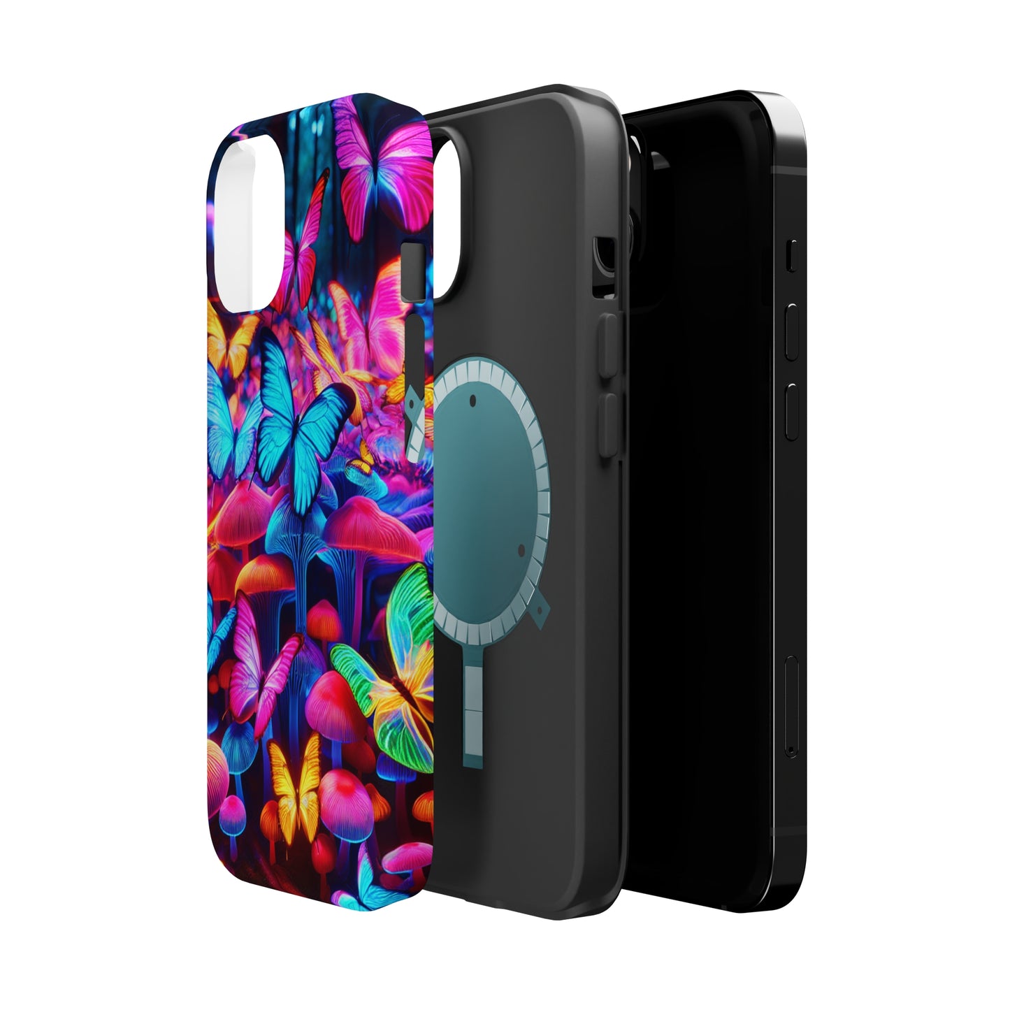 "Neon Tie-Dye Garden" Neon Butterflies and Mushrooms Premium Art Magsafe Magnet Tough IPhone 13 14 15 Pro Plus Max and Mini in Matte and Glossy Phone cases