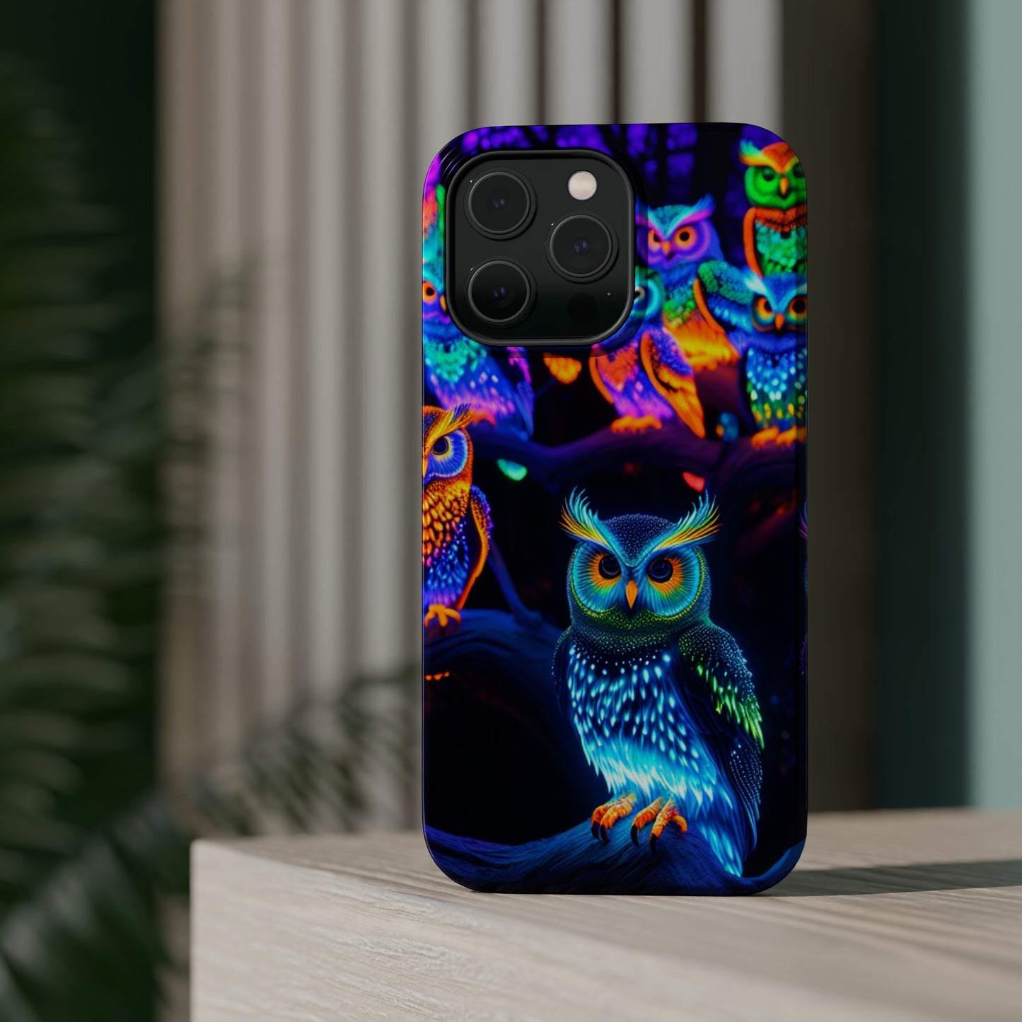 Glowing Neon Clan. Neon Owls Premium Art Magsafe Magnet Tough IPhone 13 14 15 Pro Plus Max and Mini in Matte and Glossy Phone cases