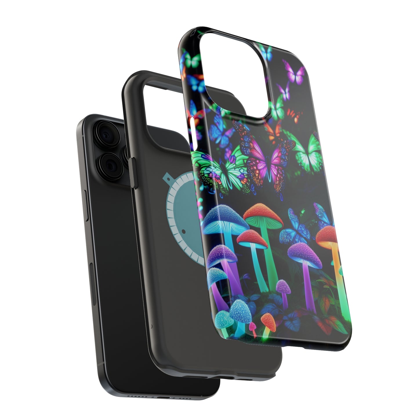 "Neon Burst Wonderland". Neon Butterflies and Mushrooms Premium Art Magsafe Magnet Tough IPhone 13 14 15 Pro Plus Max and Mini in Matte and Glossy Phone cases