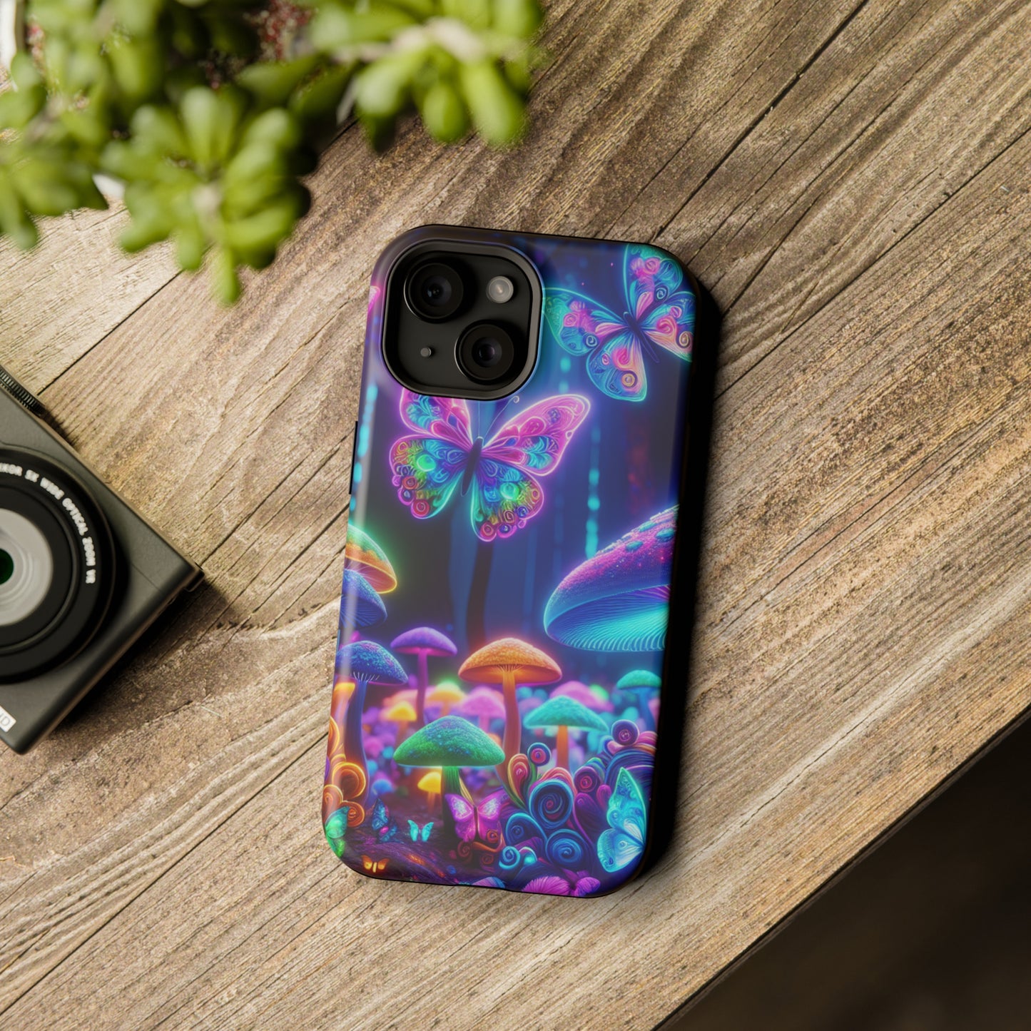 Neon Ecstasy. Neon Butterflies and Mushrooms Premium Art Magsafe Magnet Tough IPhone 13 14 15 Pro Plus Max and Mini in Matte and Glossy Phone cases