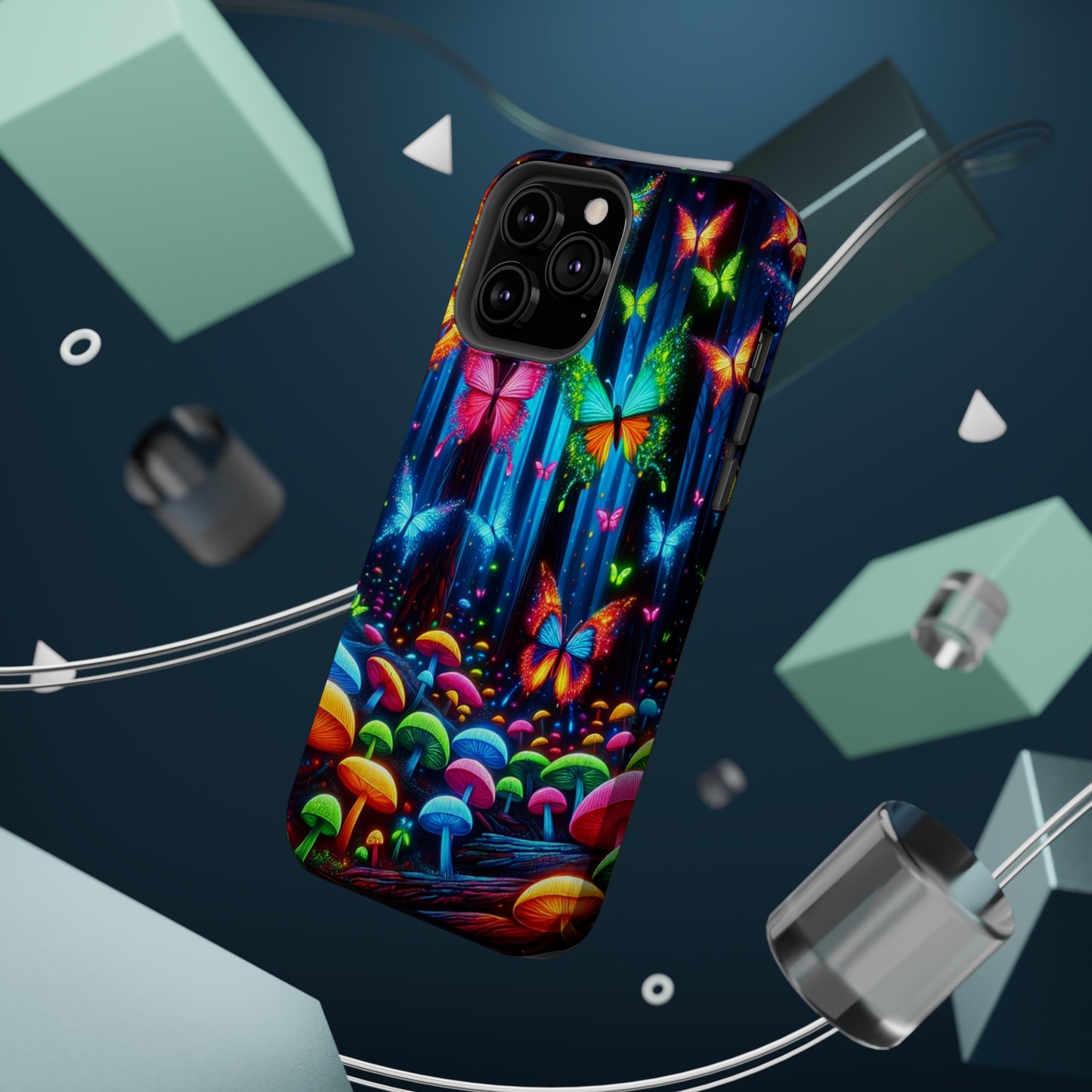 Neon Fantasia. Neon Butterflies and Mushrooms Premium Art Magsafe Magnet Tough IPhone 13 14 15 Pro Plus Max and Mini in Matte and Glossy Phone cases