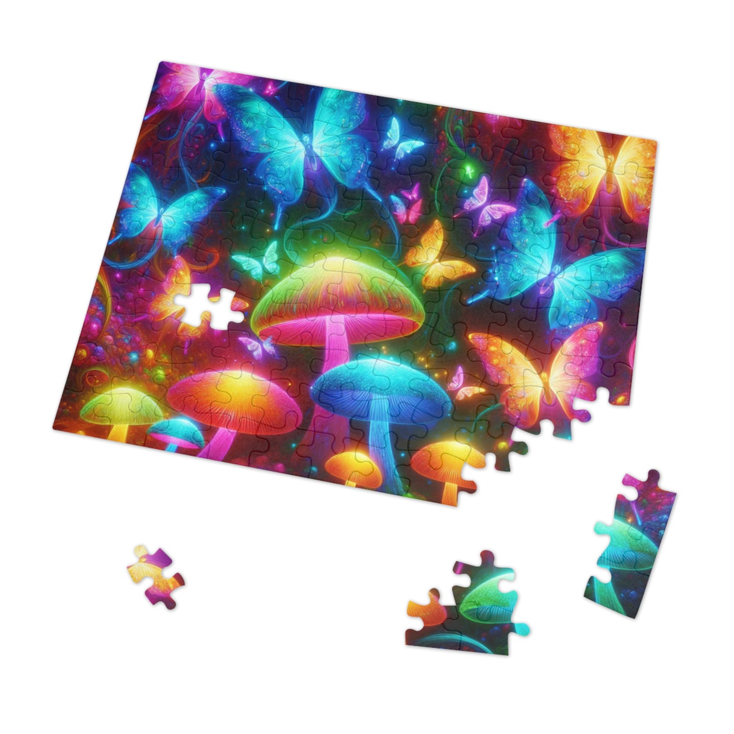 Neon Fluttergleam. - Neon Butterflies and Mushrooms Puzzle 30, 110, 252, and 1000 Pieces