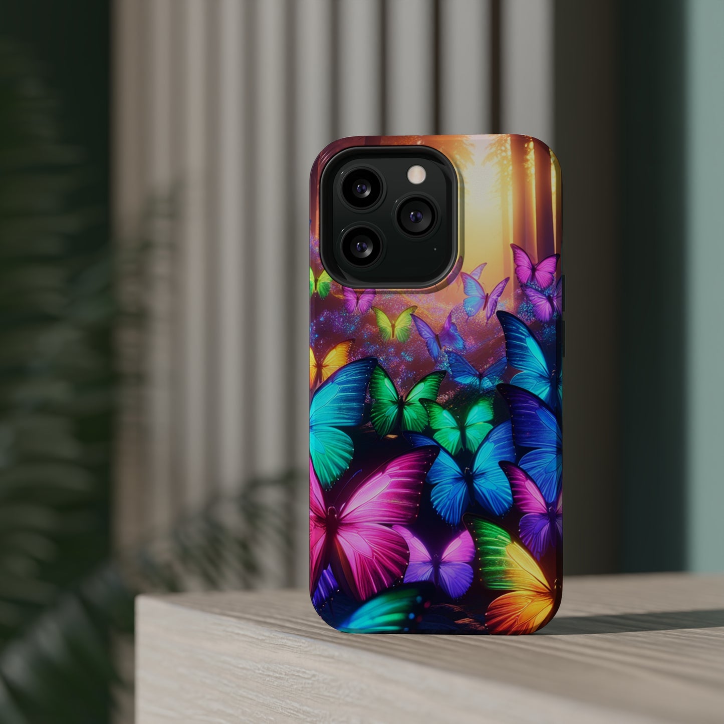 "Radiant Glowing Flight" Neon Butterflies Premium Art Magsafe Magnet Tough IPhone 13 14 15 Pro Plus Max and Mini in Matte and Glossy Phone cases