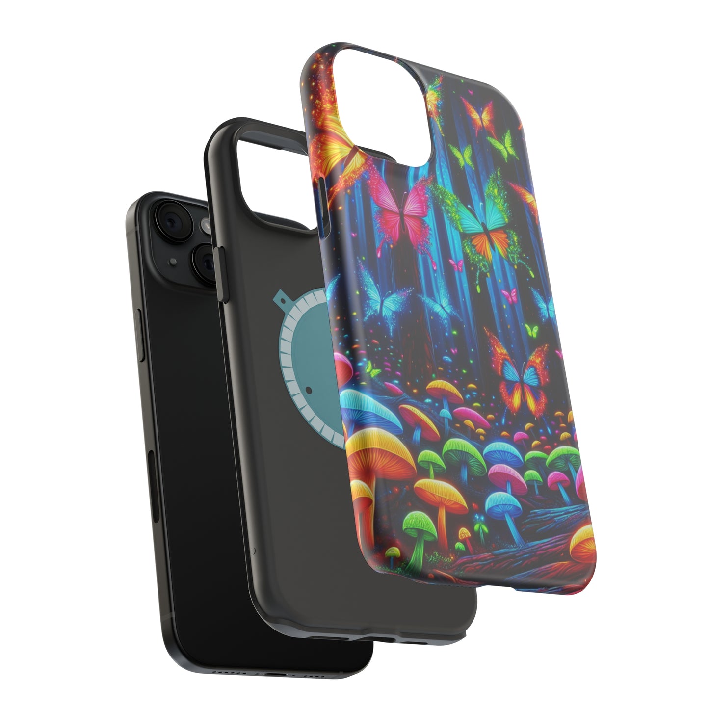 Neon Fantasia. Neon Butterflies and Mushrooms Premium Art Magsafe Magnet Tough IPhone 13 14 15 Pro Plus Max and Mini in Matte and Glossy Phone cases