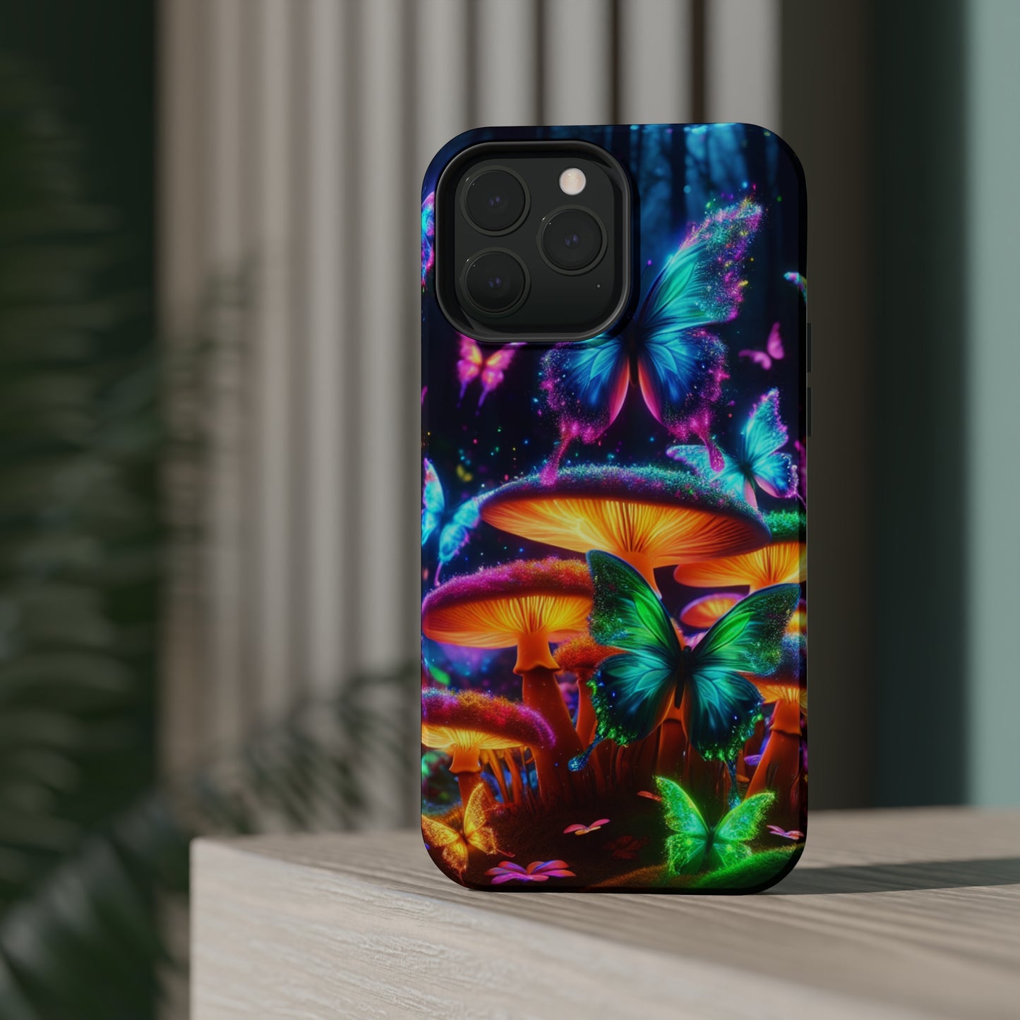 Neon Fantasia. Neon Butterflies and Mushrooms Premium Art Magsafe Magnet Tough IPhone 13 14 15 Pro Plus Max and Mini in Matte and Glossy Phone cases