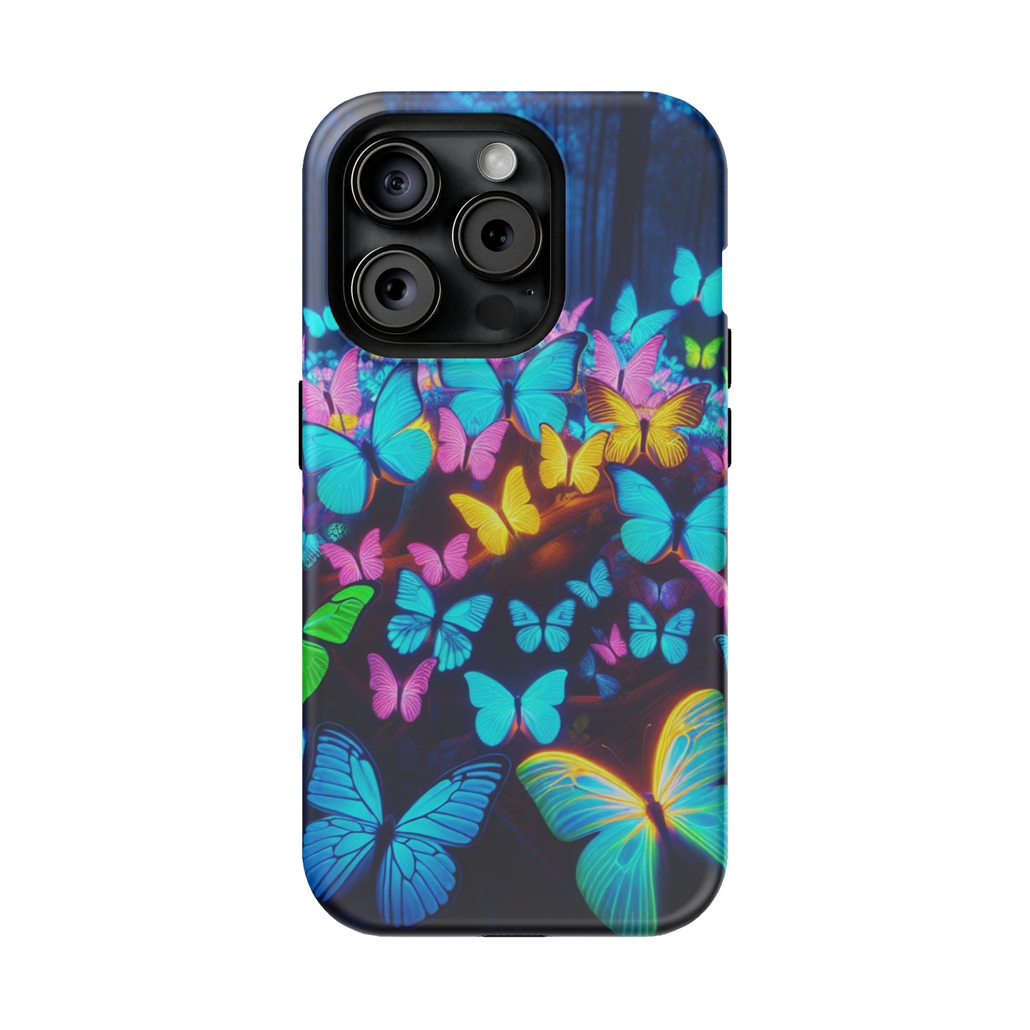 "Scintillating Swirls of Neon Butterflies" Neon Butterflies Premium Art Magsafe Magnet Tough IPhone 13 14 15 Pro Plus Max and Mini in Matte and Glossy Phone cases