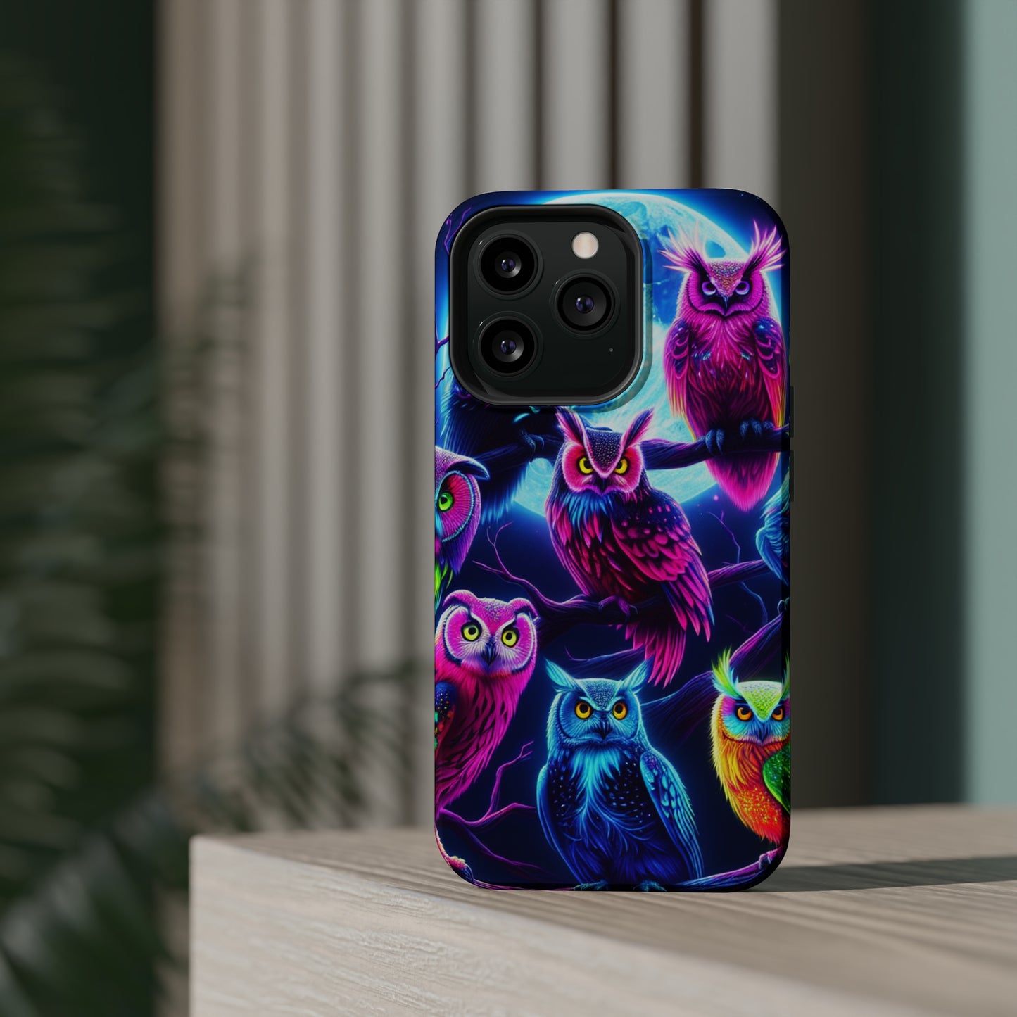 "Neon Splash of Owls" Neon Owls Premium Art Magsafe Magnet Tough IPhone 13 14 15 Pro Plus Max and Mini in Matte and Glossy Phone cases
