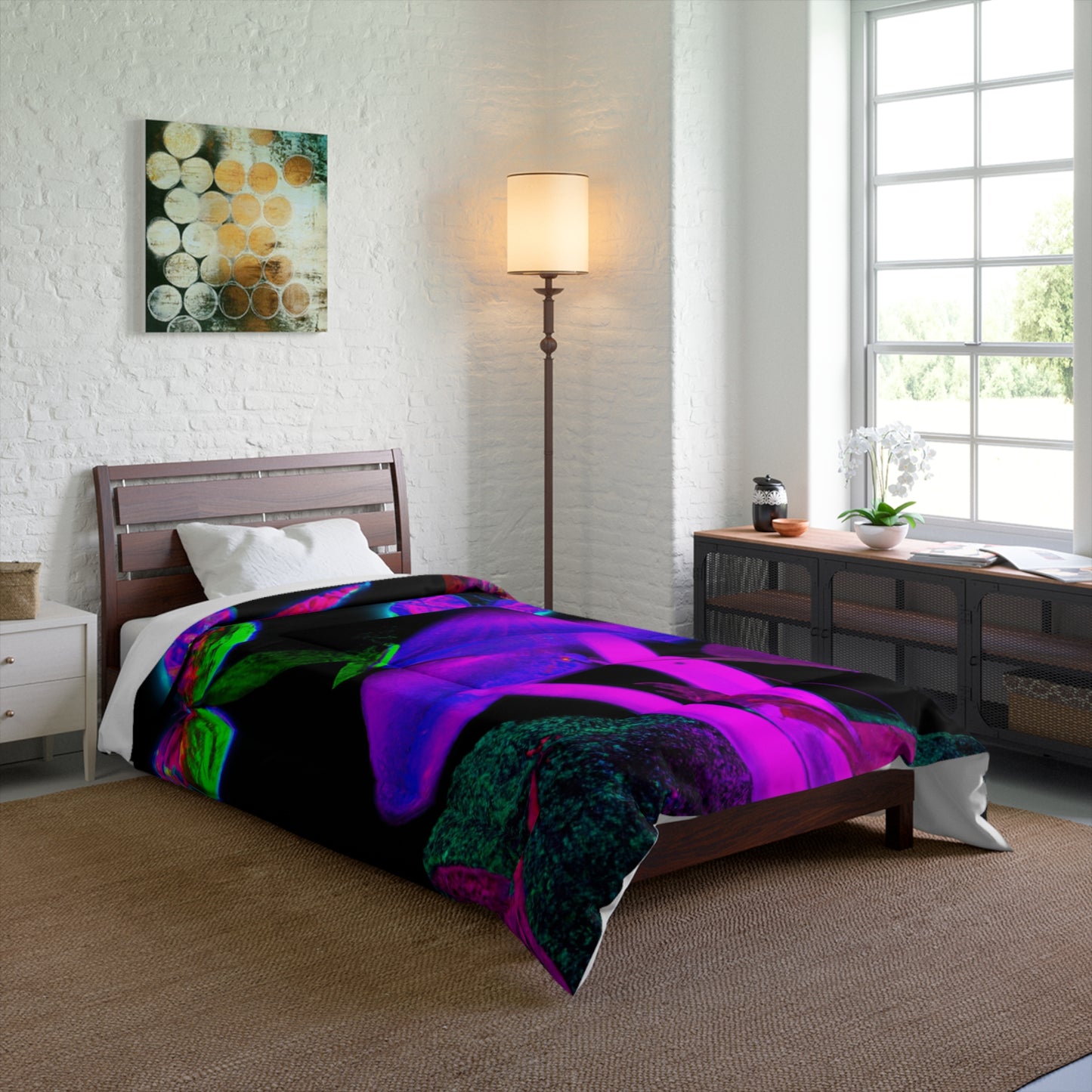 "Neon Funshine Garden". Butterflies & Mushrooms Comforter Blanket