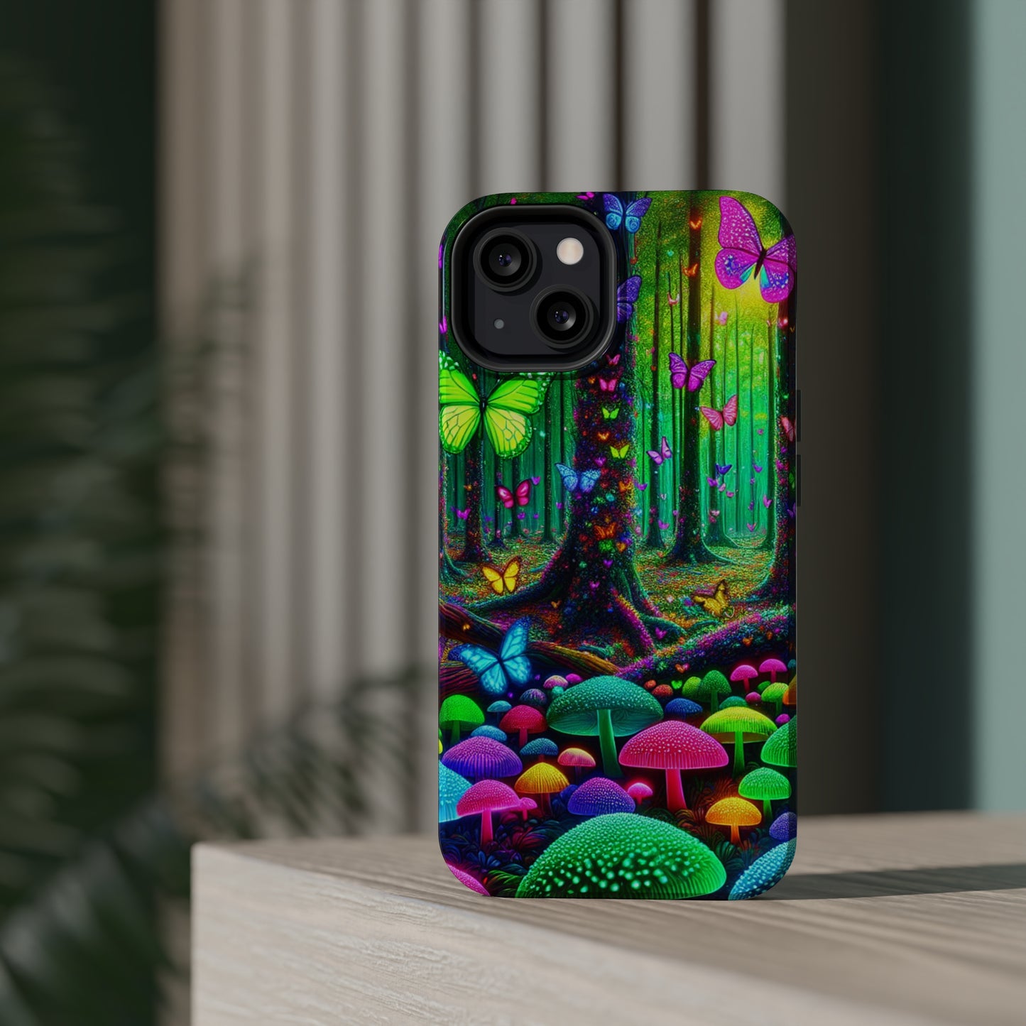 "Neon Garden Symphony". Neon Butterflies and Mushrooms Premium Art Magsafe Magnet Tough IPhone 13 14 15 Pro Plus Max and Mini in Matte and Glossy Phone cases