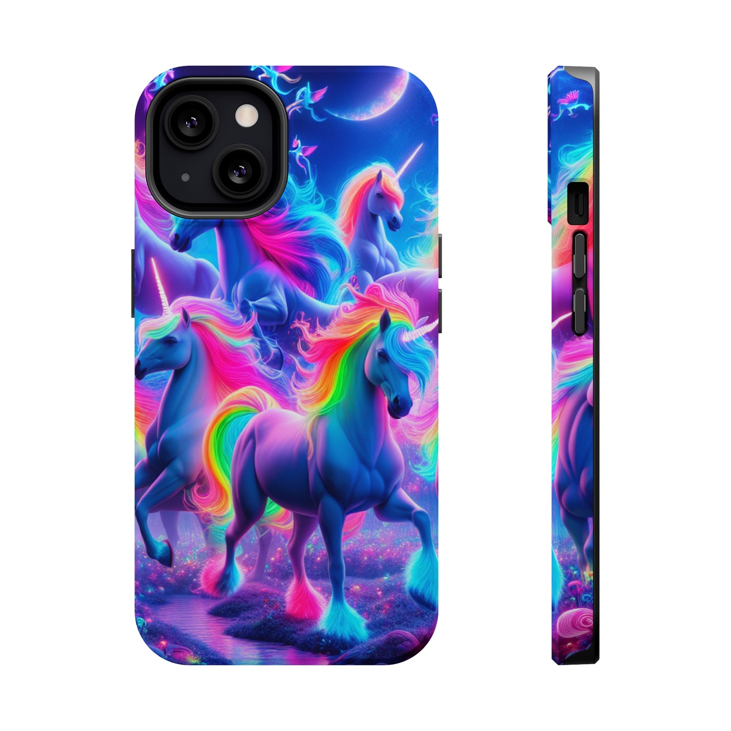 "Unicorn Prism" Neon Unicorns Premium Art Magsafe Magnet Tough IPhone 13 14 15 Pro Plus Max and Mini in Matte and Glossy Phone cases