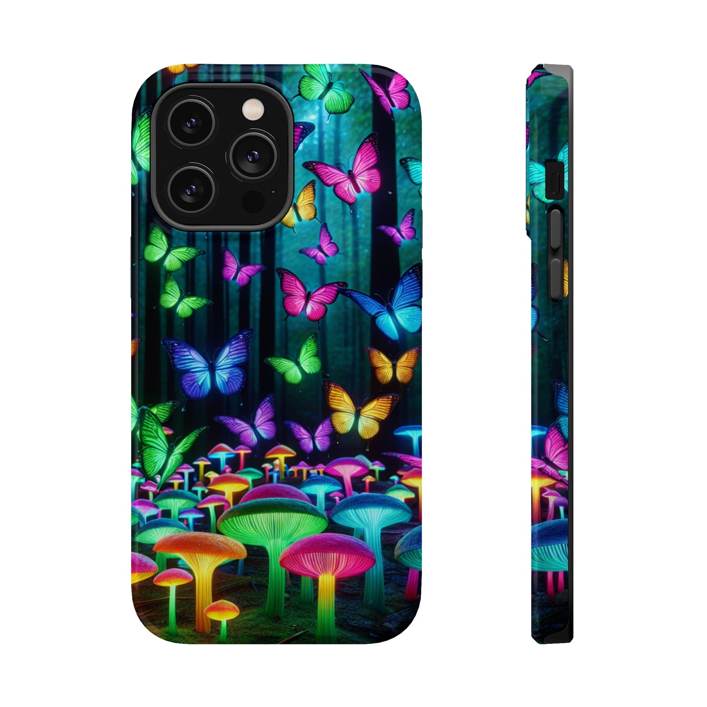 "Vivid Neon Splendor" Neon Butterflies and Mushrooms Premium Art Magsafe Magnet Tough IPhone 13 14 15 Pro Plus Max and Mini in Matte and Glossy Phone cases