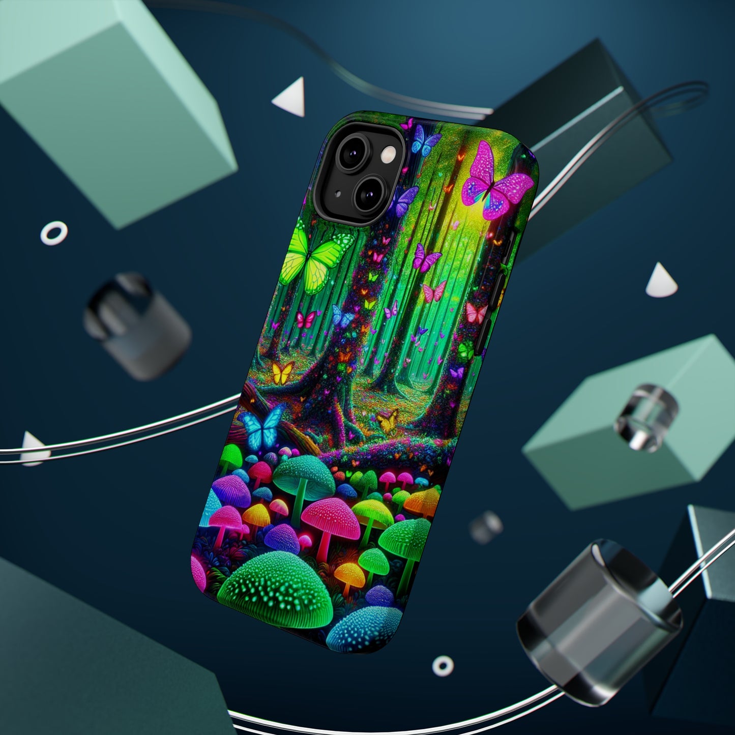 "Neon Garden Symphony". Neon Butterflies and Mushrooms Premium Art Magsafe Magnet Tough IPhone 13 14 15 Pro Plus Max and Mini in Matte and Glossy Phone cases