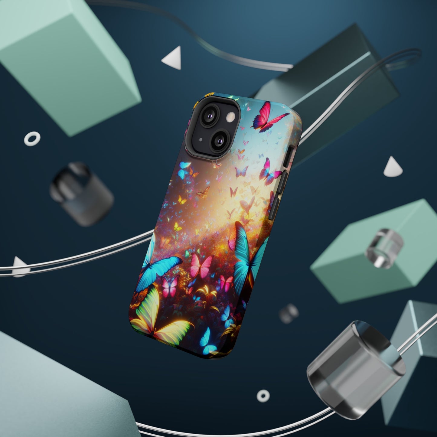 "Neon Butterfly Blooms" Neon Butterflies Premium Art Magsafe Magnet Tough IPhone 13 14 15 Pro Plus Max and Mini in Matte and Glossy Phone cases
