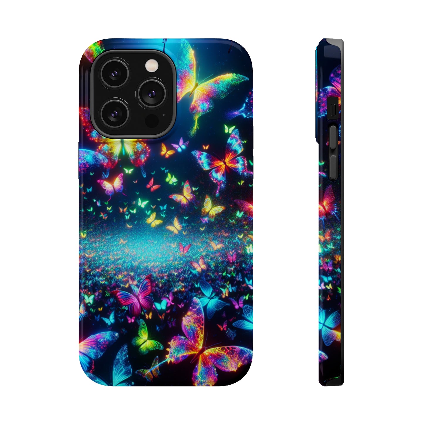 'Neon Butterfly Bliss' Neon Butterflies Premium Art Magsafe Magnet Tough IPhone 13 14 15 Pro Plus Max and Mini in Matte and Glossy Phone cases